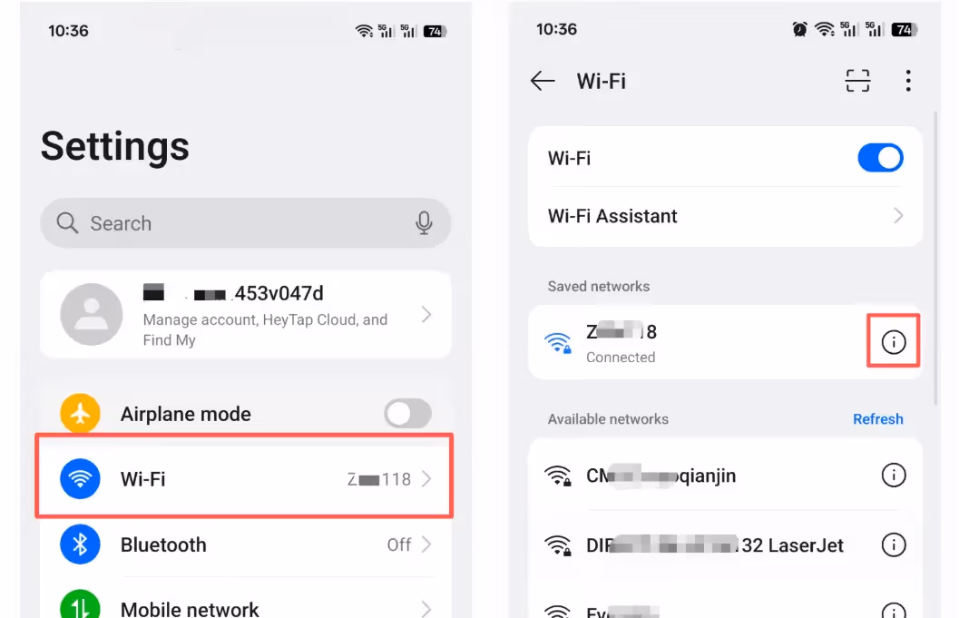 Android Wi-Fi settings with info