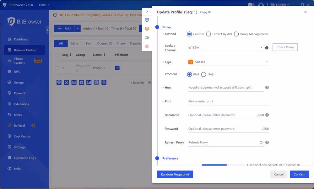 Add Proxy in BitBrowser Profile