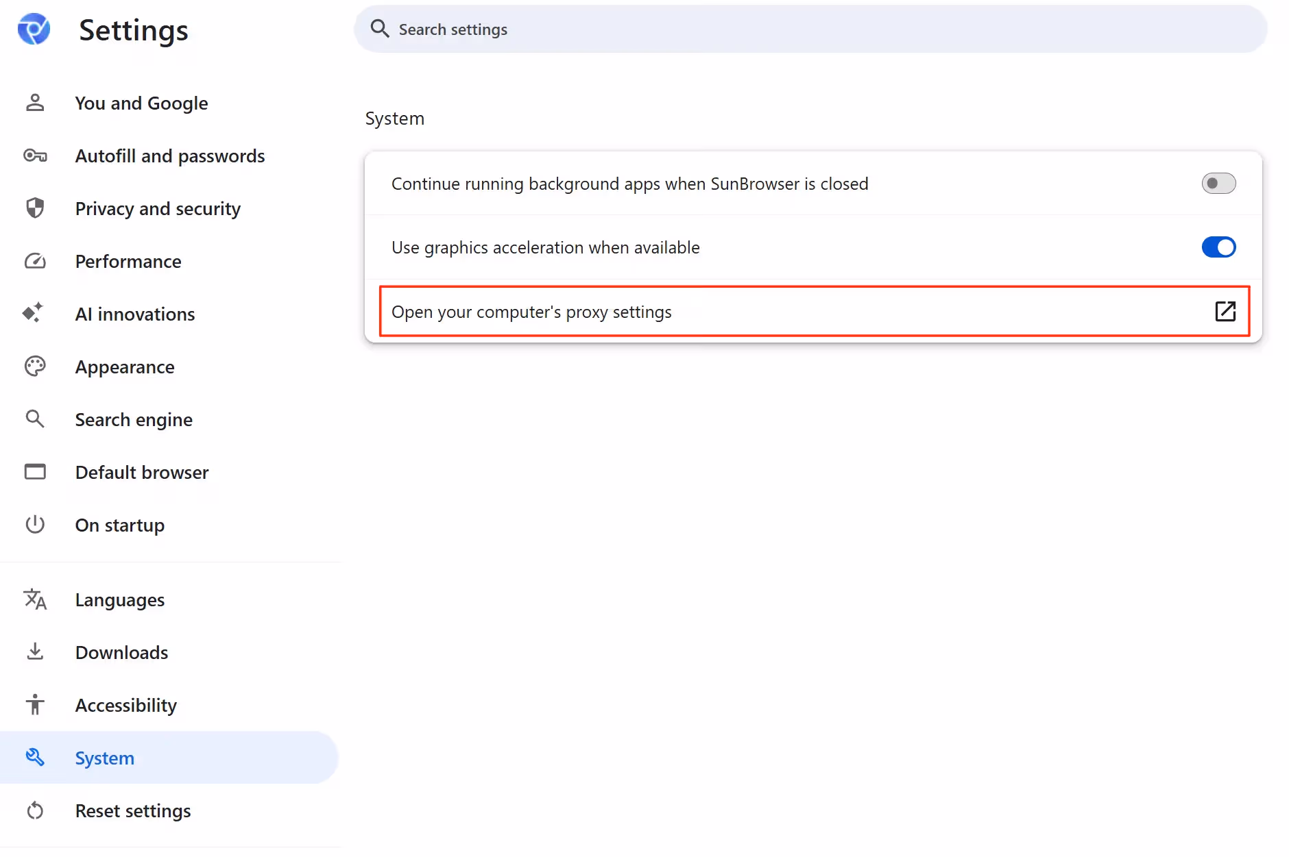 Browser proxy settings page