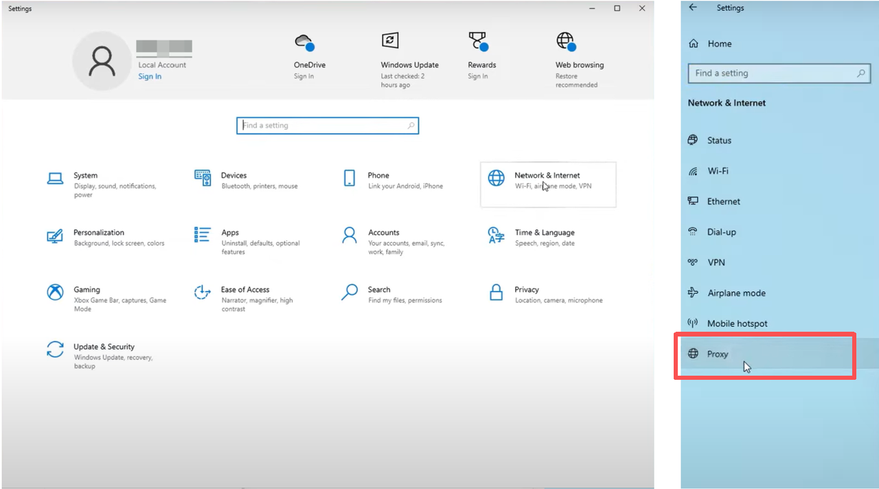 Windows Network & Internet settings showing Proxy