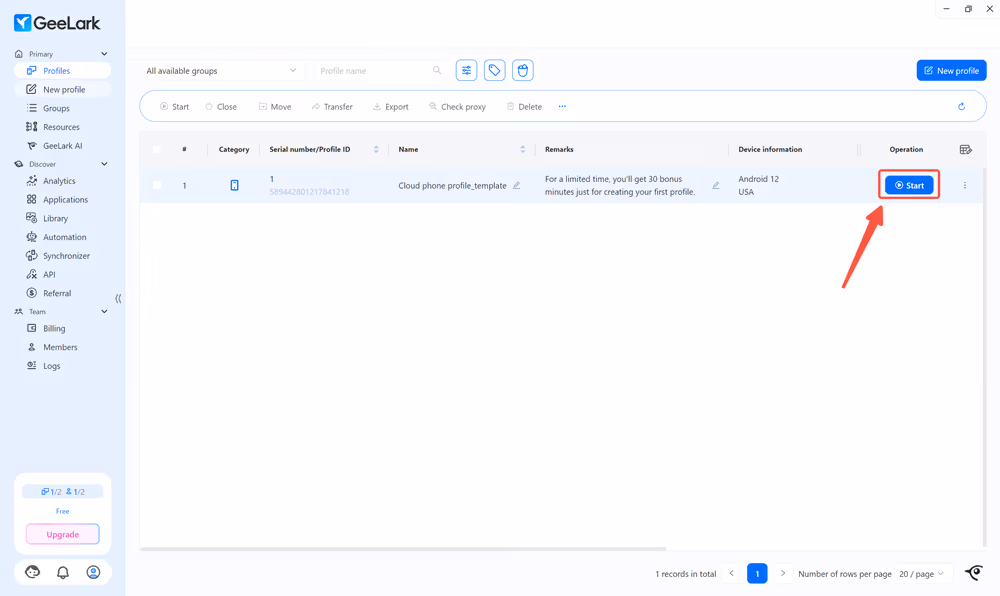 Start Cloud Phone Profile in GeeLark