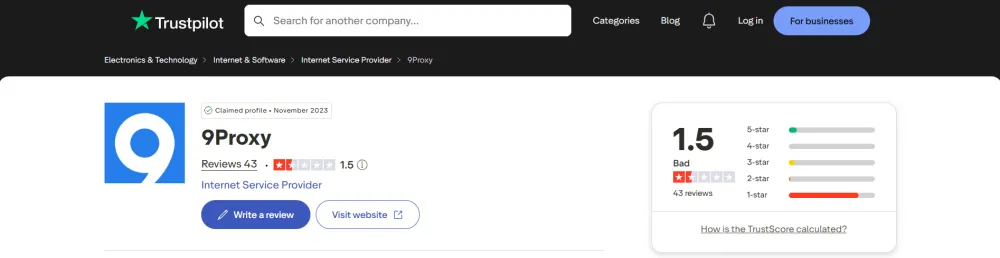 9Proxy Rating on Trustpilot