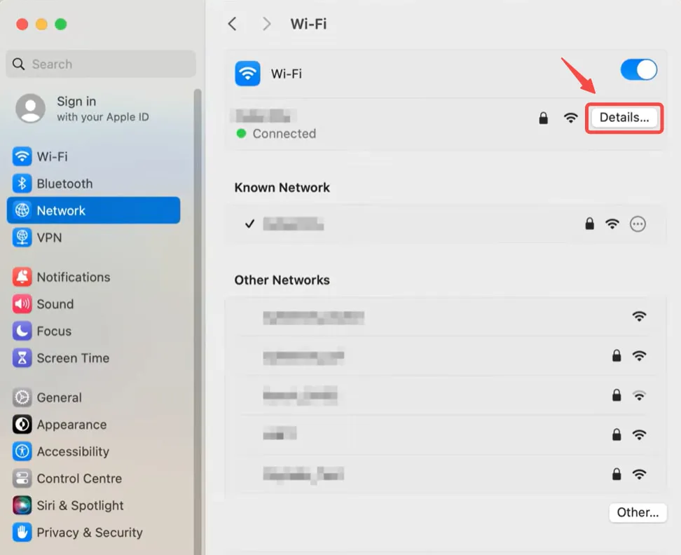 Select Details in Mac network settings
