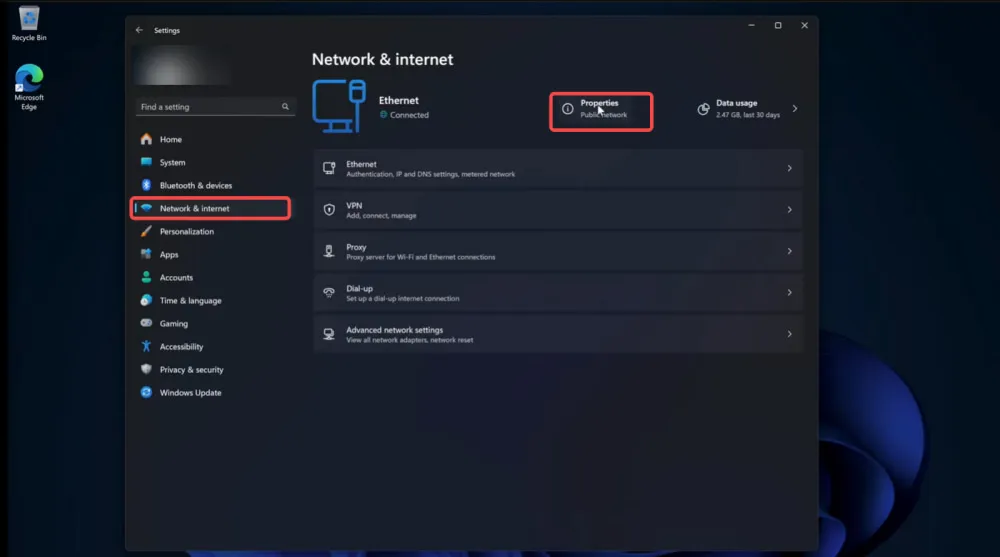 Click Network and Internet to Open Properties