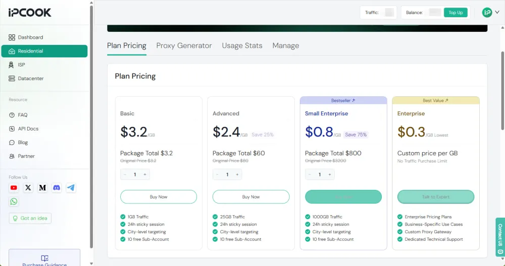 Click Residential Proxy and Select a Plan
