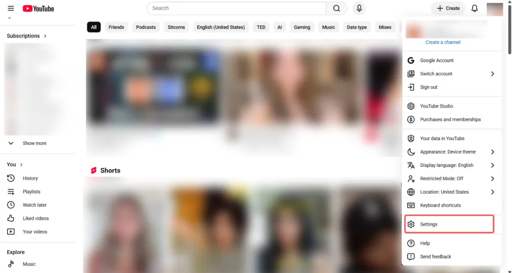 Click Settings in the YouTube Profile Menu