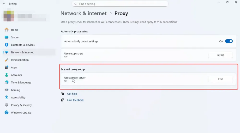 Select Use a proxy server under Manual proxy
