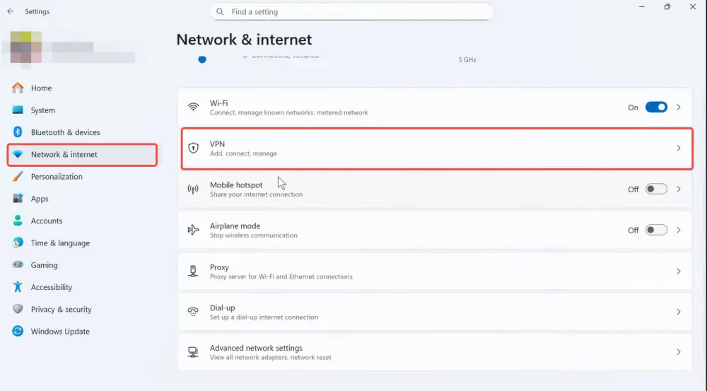 Click VPN under Network & Internet settings