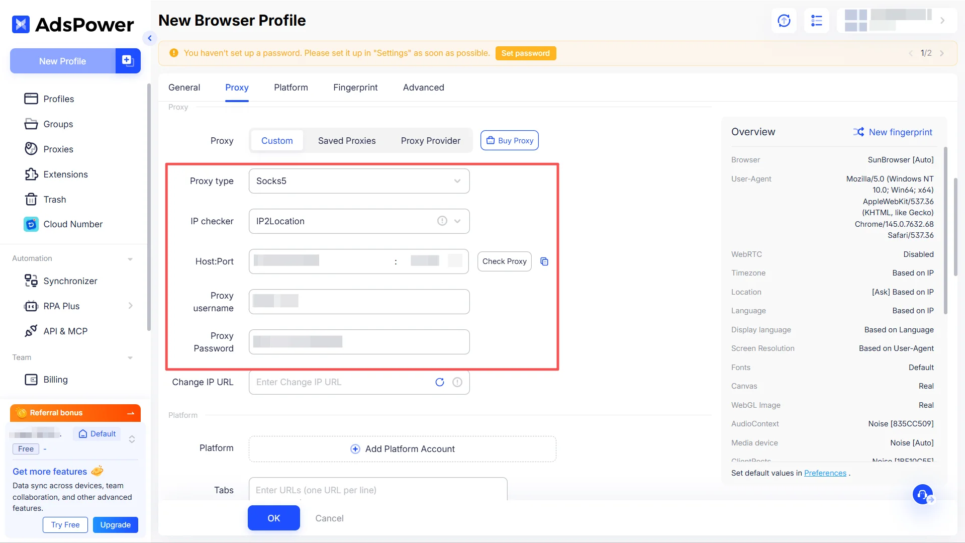 Configuring Profile in AdsPower