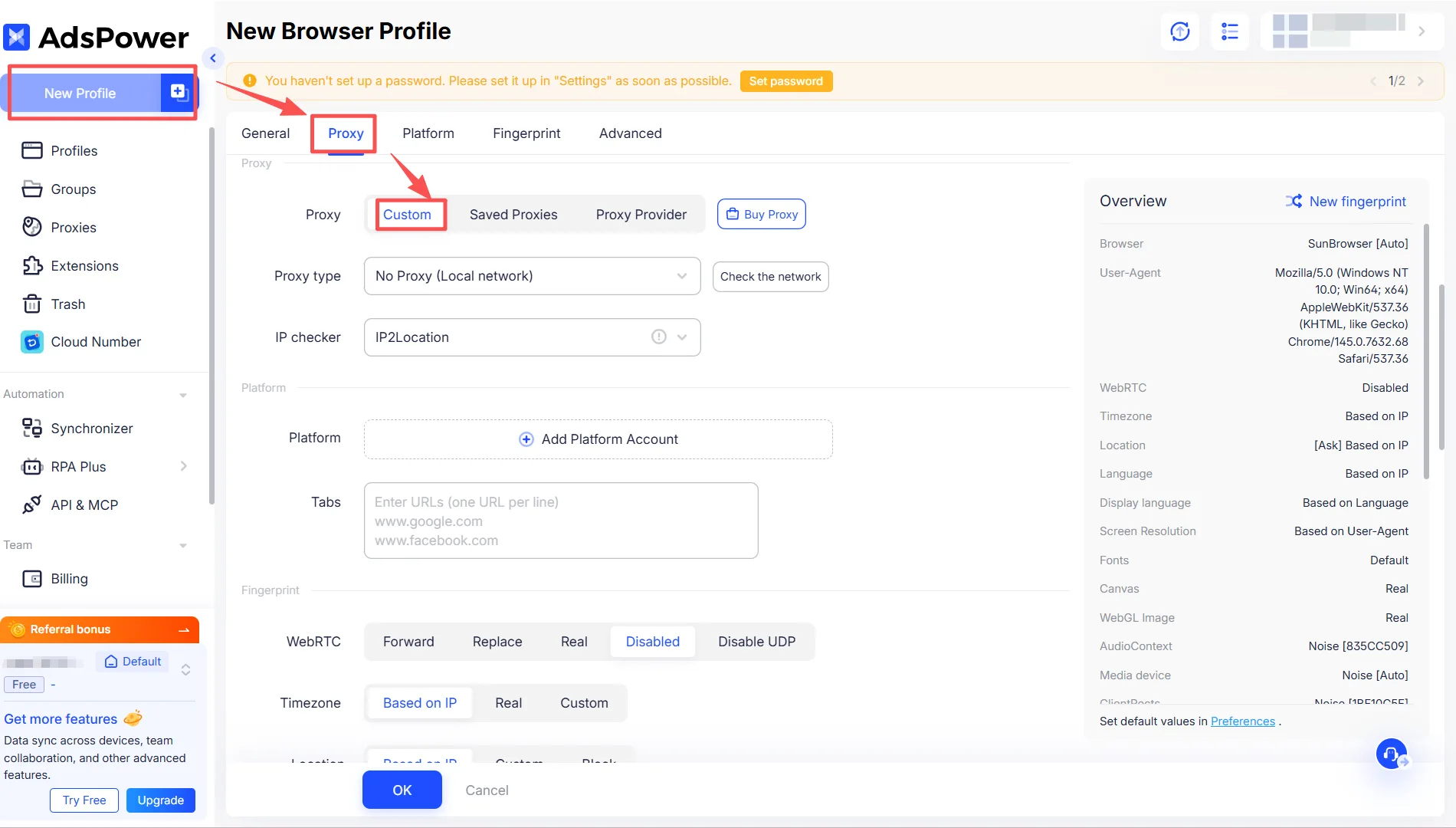 Creat New Profile in AdsPower