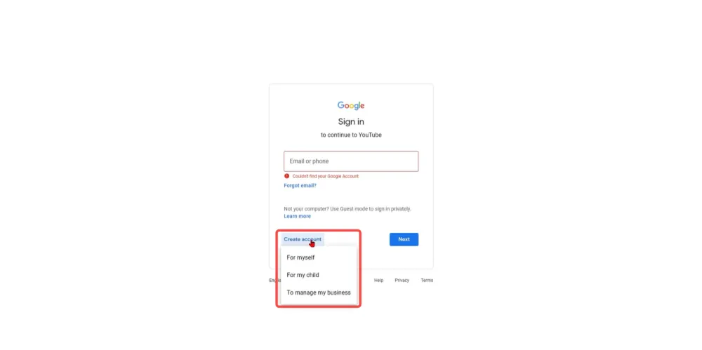 Click Create Account to Select Account Type