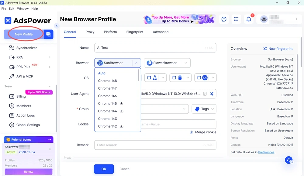 Create a New Profile in AdsPower