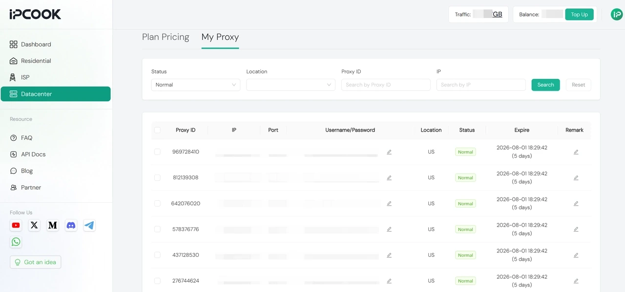 IPcook Datacenter My Proxy