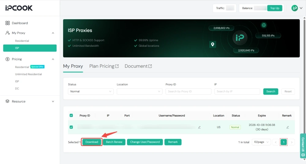 Download IPcook ISP Proxy Connection Details