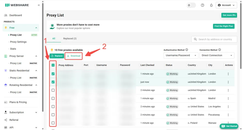 Select Proxies and Download Proxy List