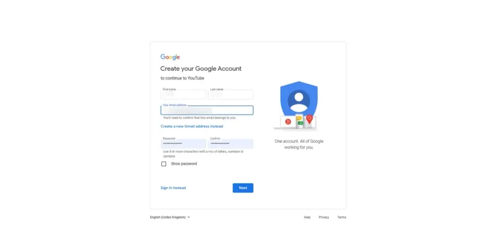 Enter Information to Create Google Account