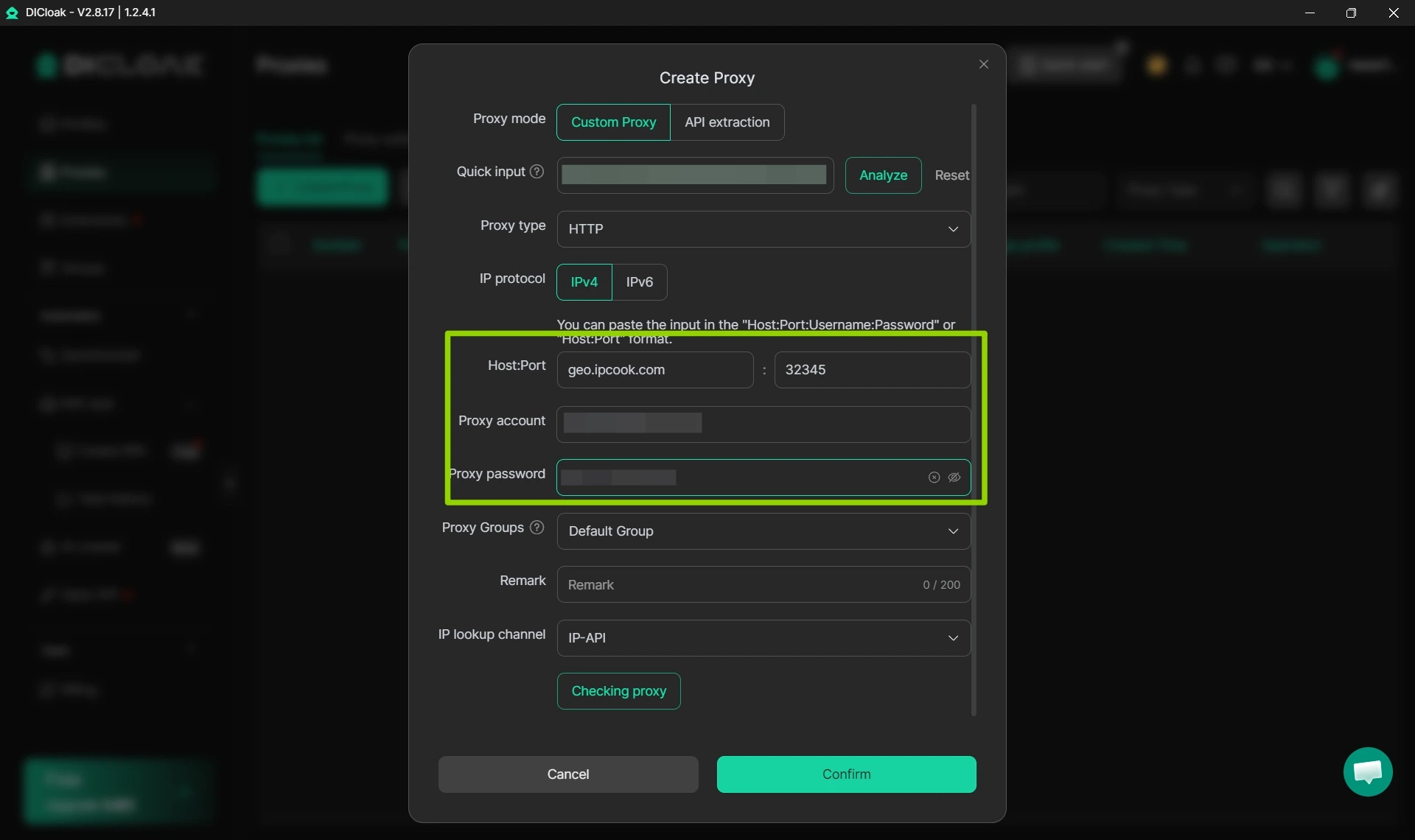 Enter Proxy Detail in DICloak