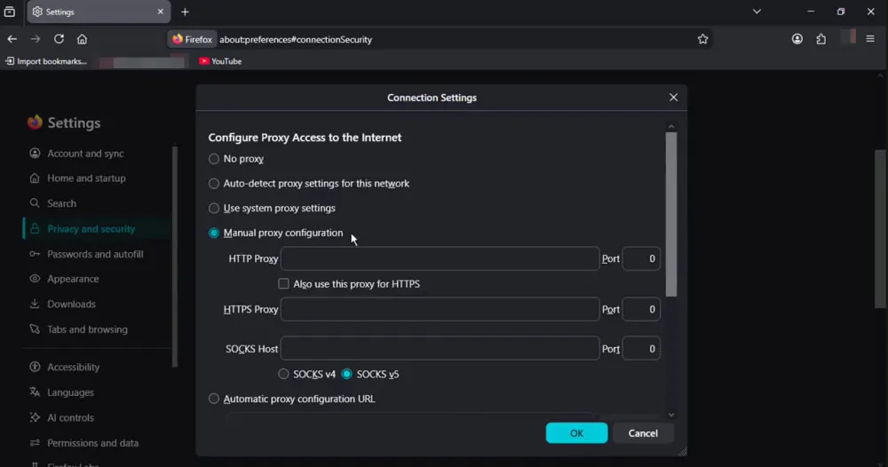Enter Proxy Information in Manual Proxy Configuration