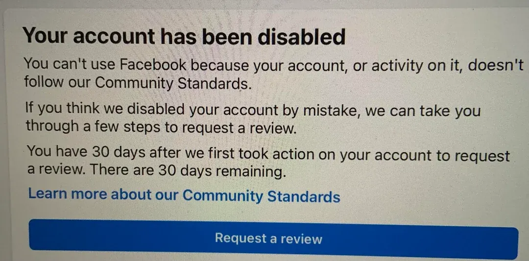 Facebook Account Disabled Message