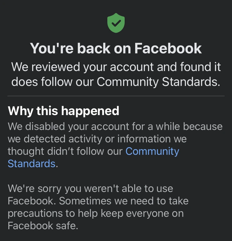 Facebook Account Restored Message