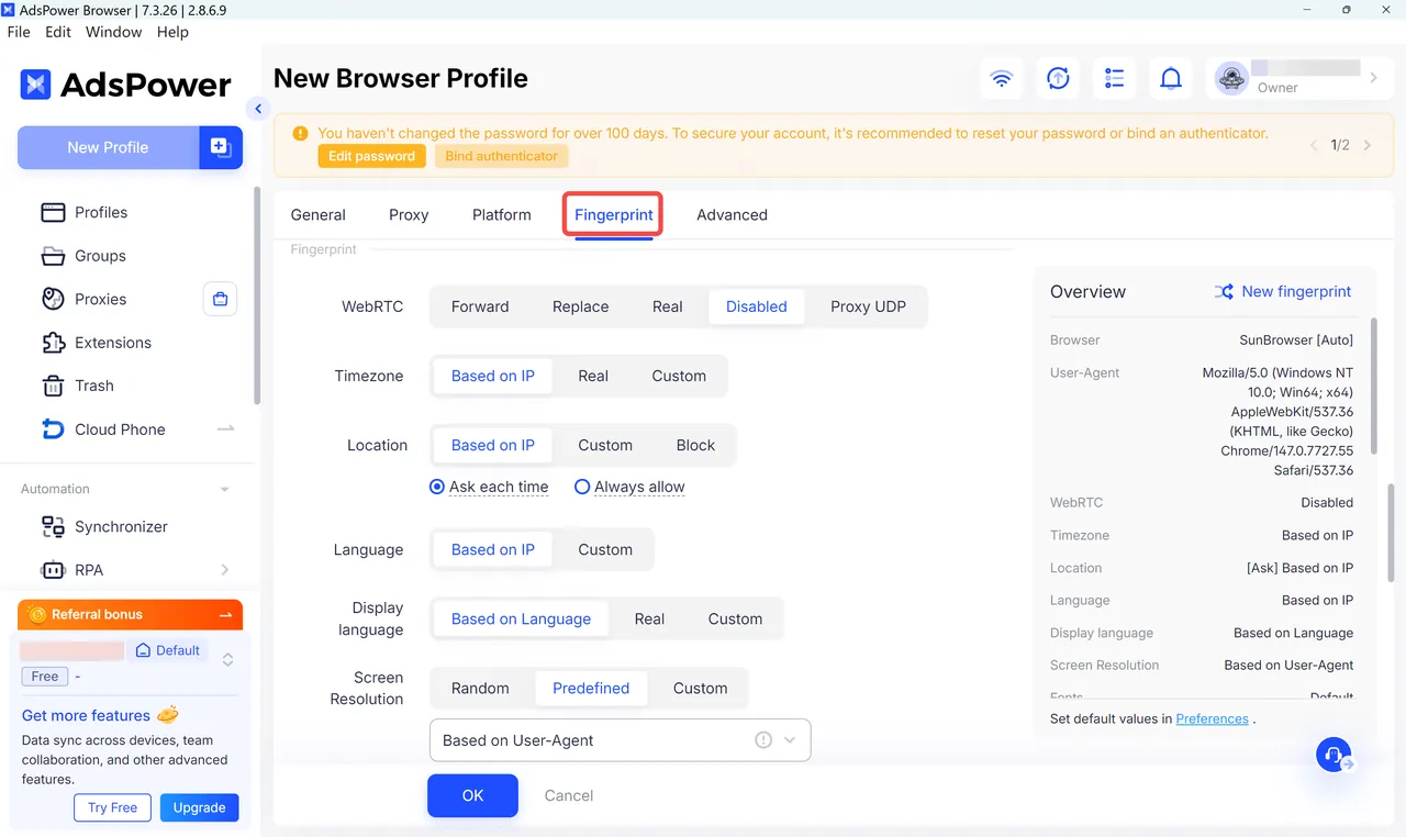 Fingerprint Settings in AdsPower