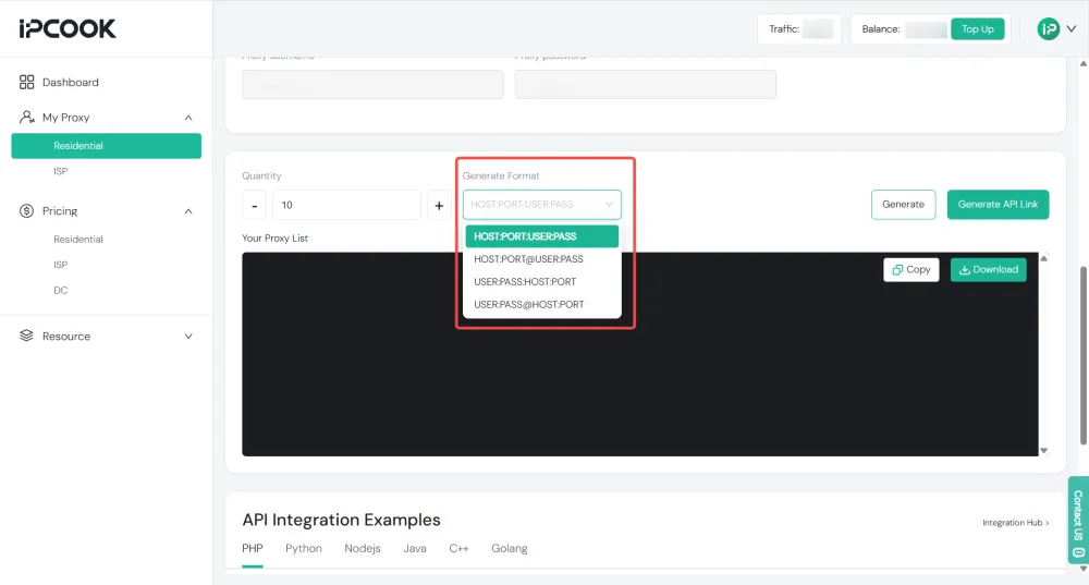 Generate and Download Proxy Credentials from IPcook
