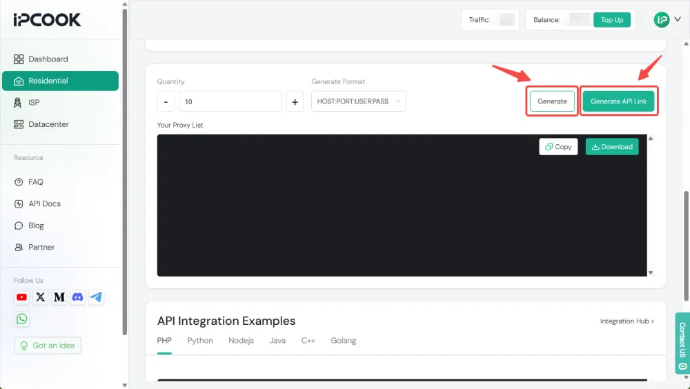 Generate Proxy List or API Link on IPcook