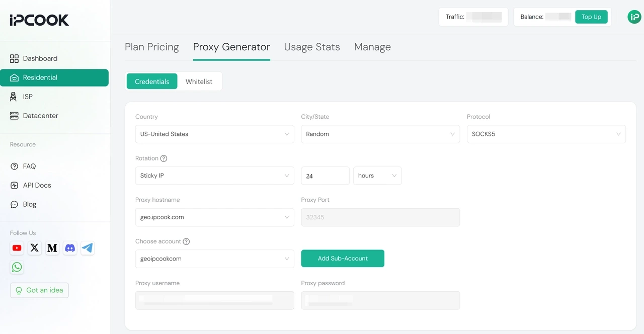 Get your proxy credentials from IPcook