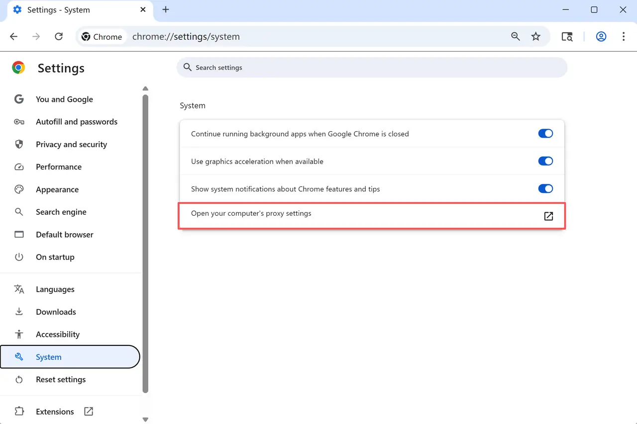 Google Chrome Open Computer's Proxy Settings