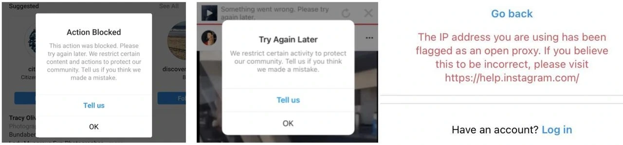 Instagram IP ban signs