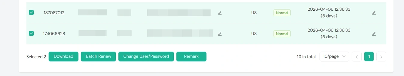 IPcook Datacenter My Proxy Batch Actions