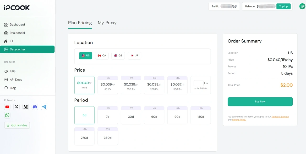 IPcook Datacenter Plan Pricing