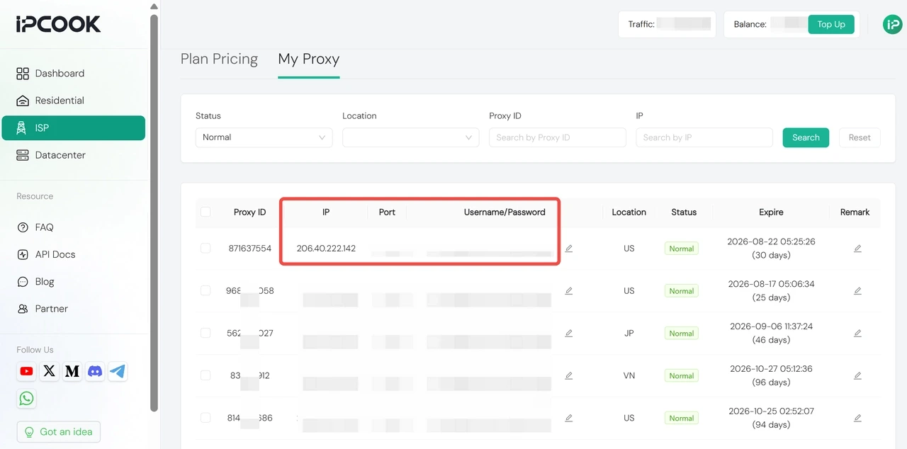 IPcook ISP Proxy Credentials