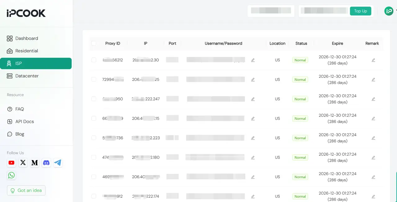 IPcook Proxy Details Dashboard