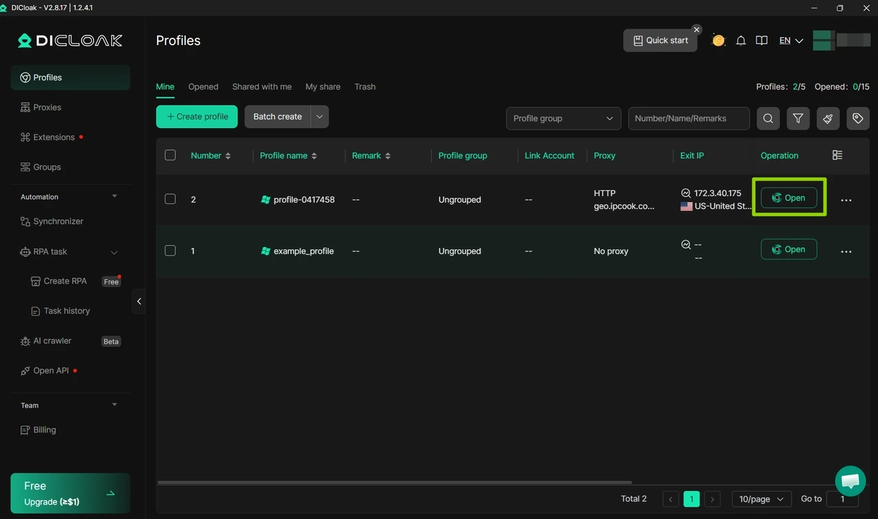 Launch New Profile in DICloak