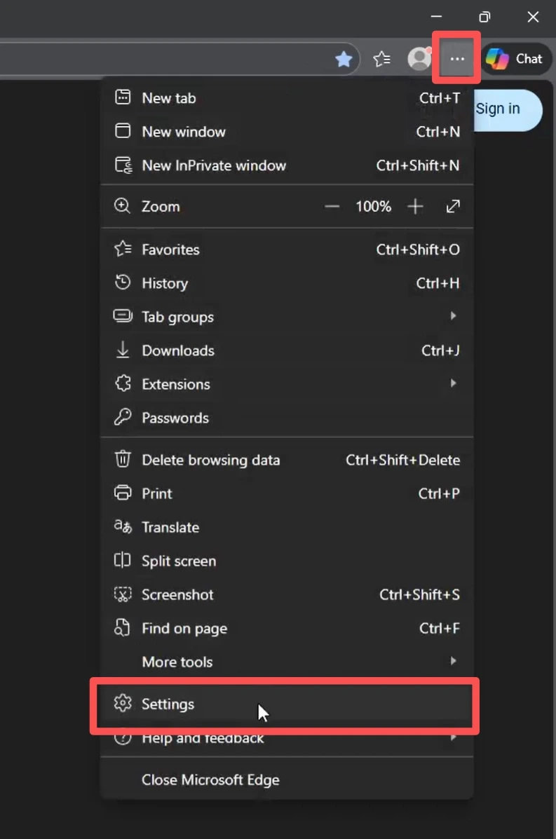Microsoft Edge menu with Settings