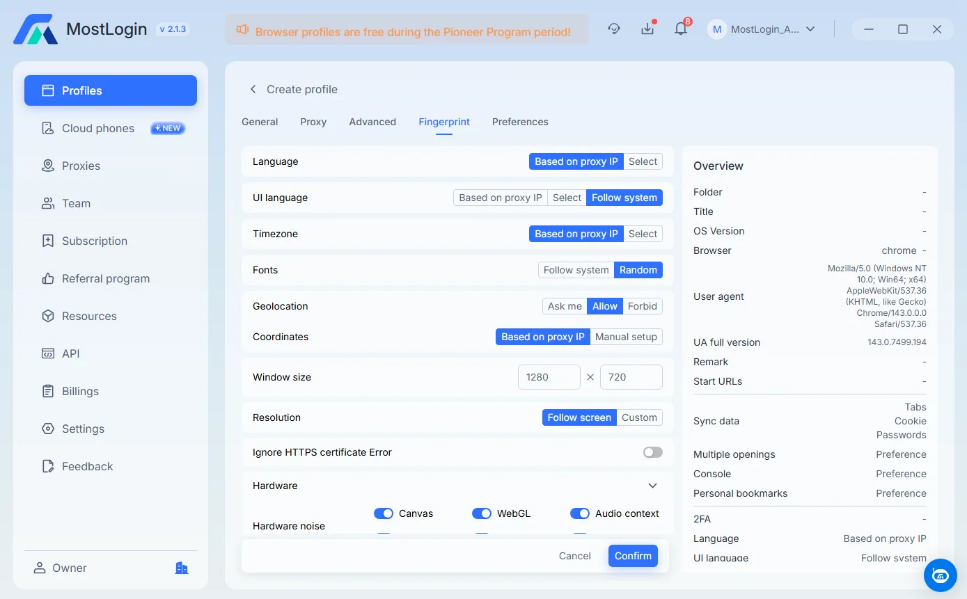 Customize Fingerprints in MostLogin