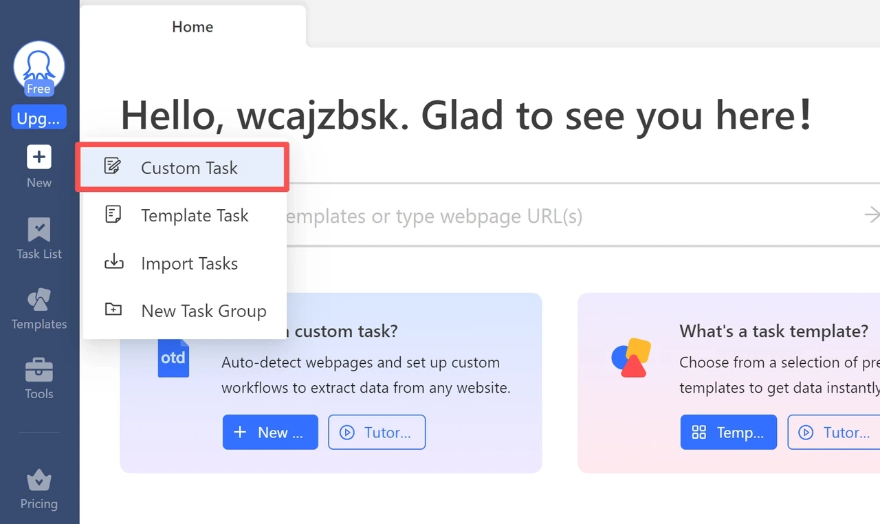 Octoparse set up a custom task
