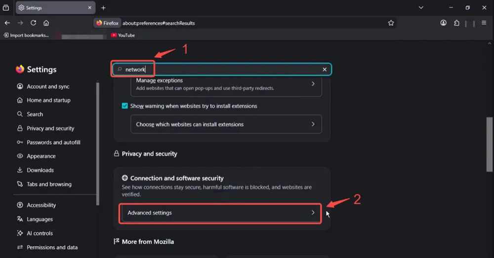 Search Network and Open Advanced Settings