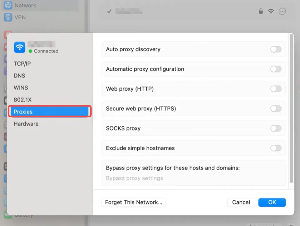 Open the Proxies section to select a proxy protocol