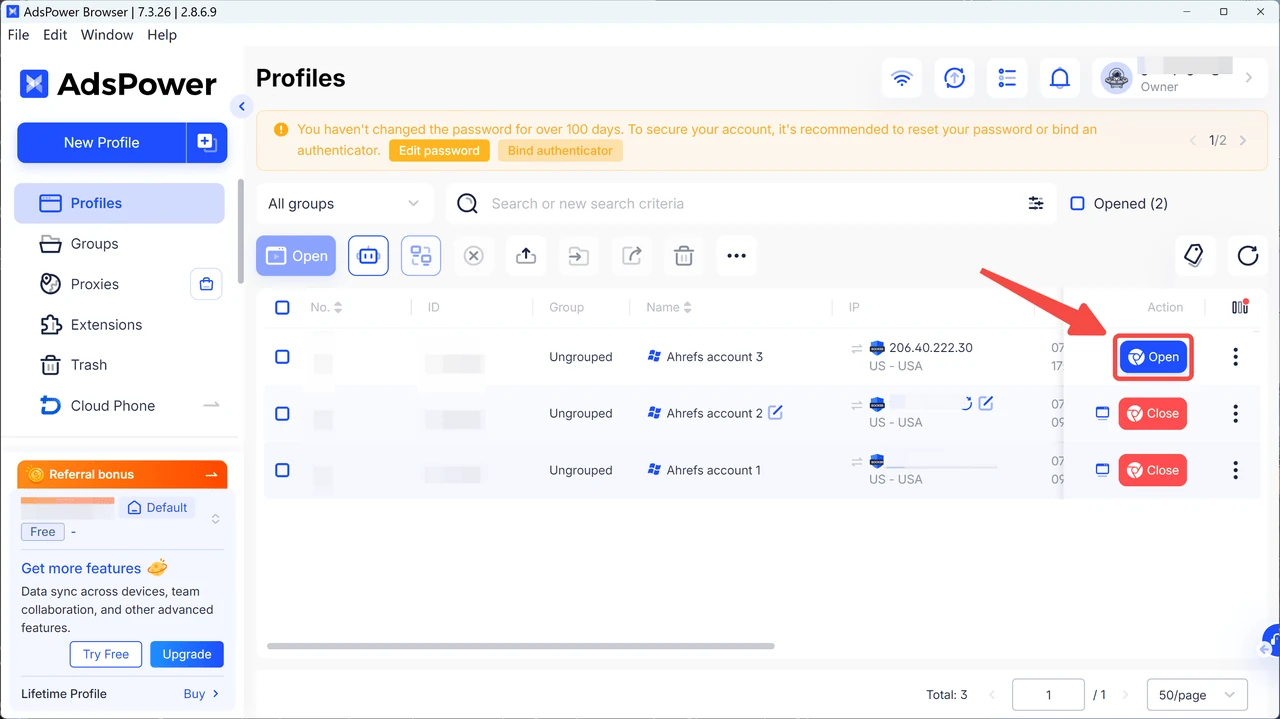 Open the Ahrefs Browser Profile in AdsPower