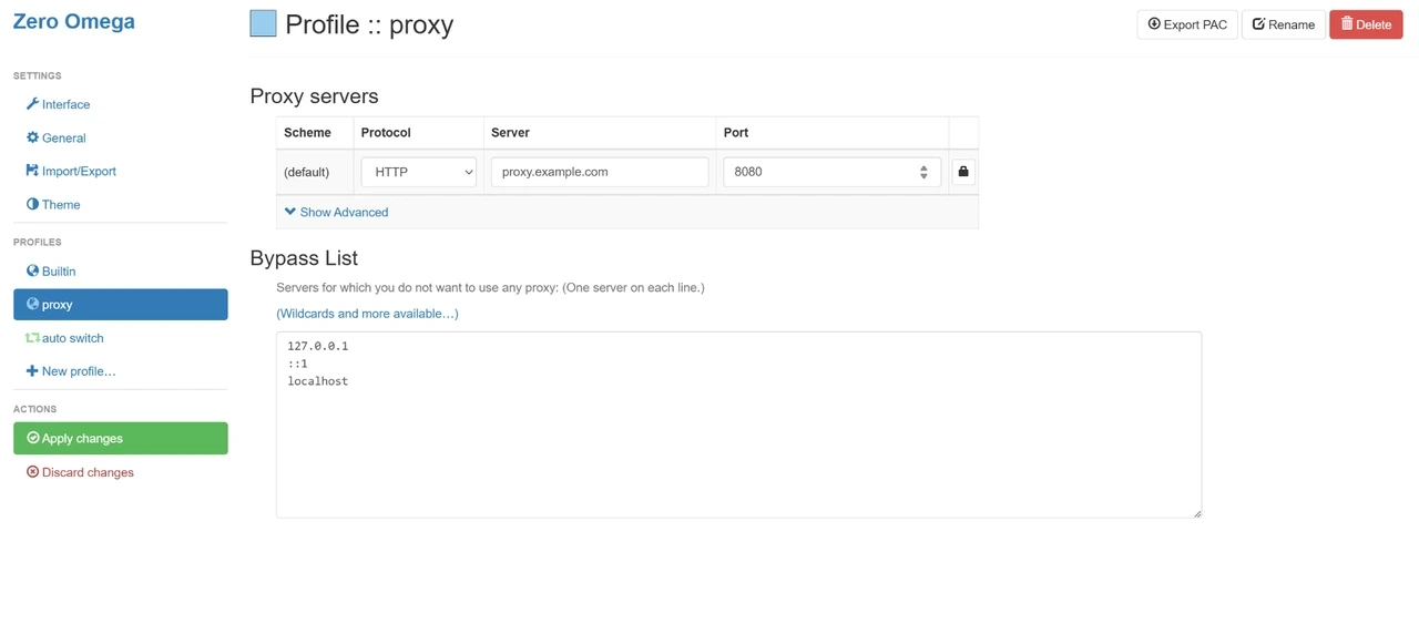 Proxy Settings in zeroOmega Browser Extension