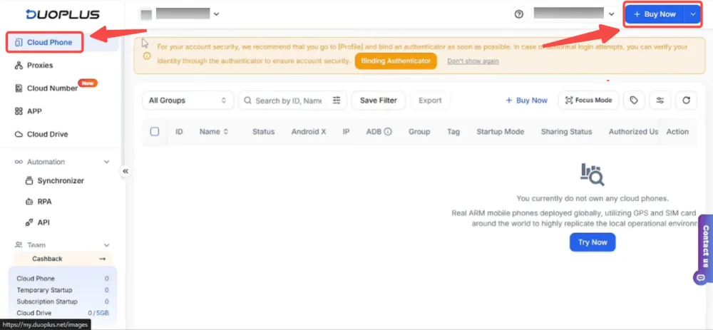 Purchase a Cloud Phone Instance in DuoPlus