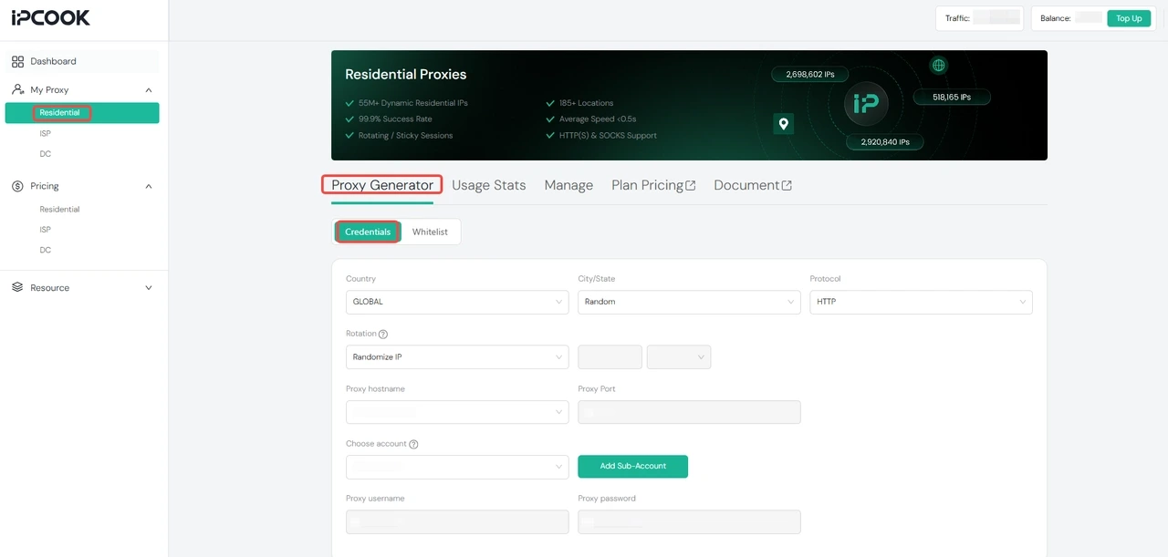 IPcook Residential Proxy Credentials Page