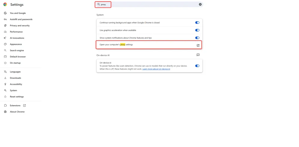 Search for Proxy in Chrome