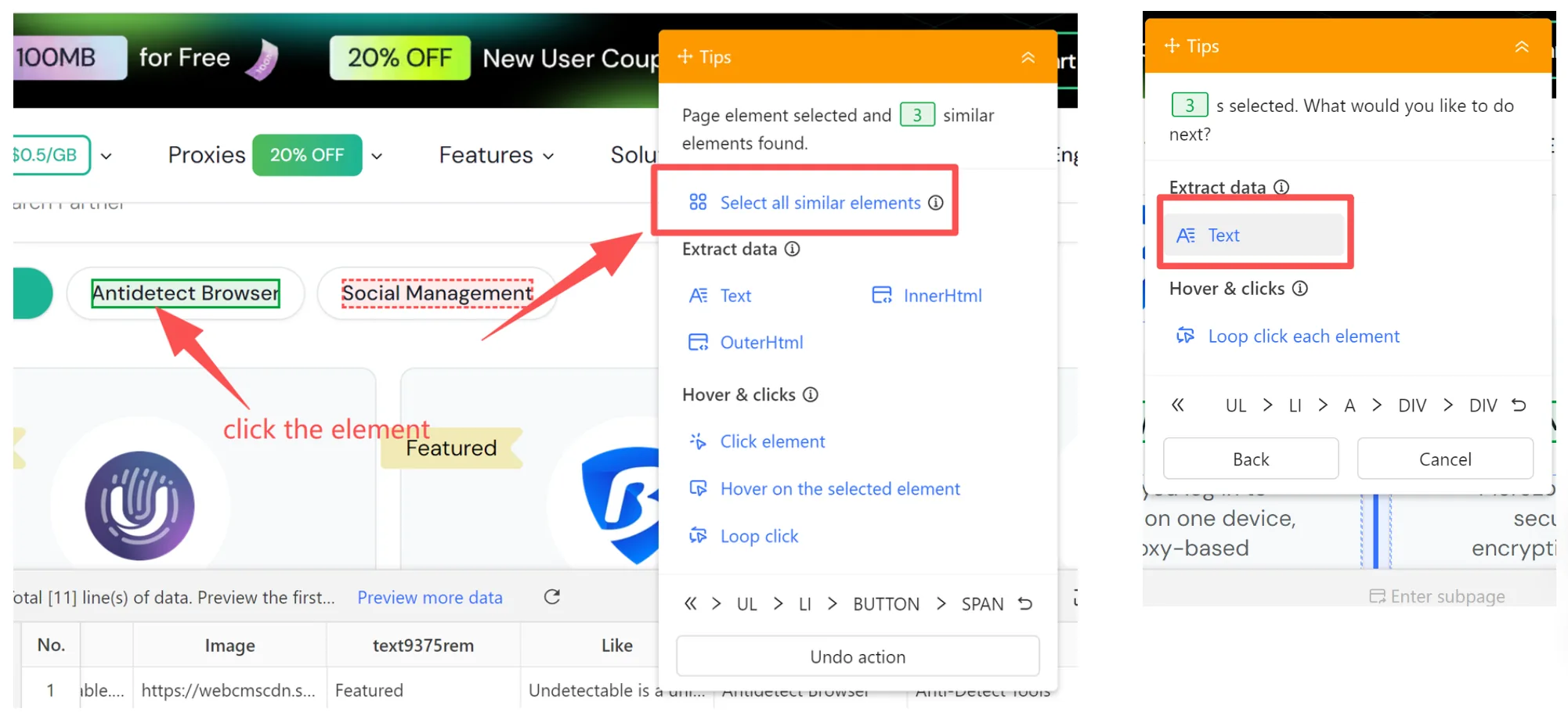 Select all similar elements and text