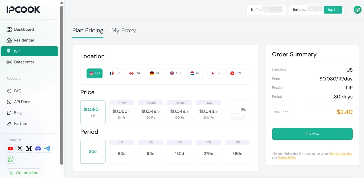 Select an IPcook ISP Proxy Plan