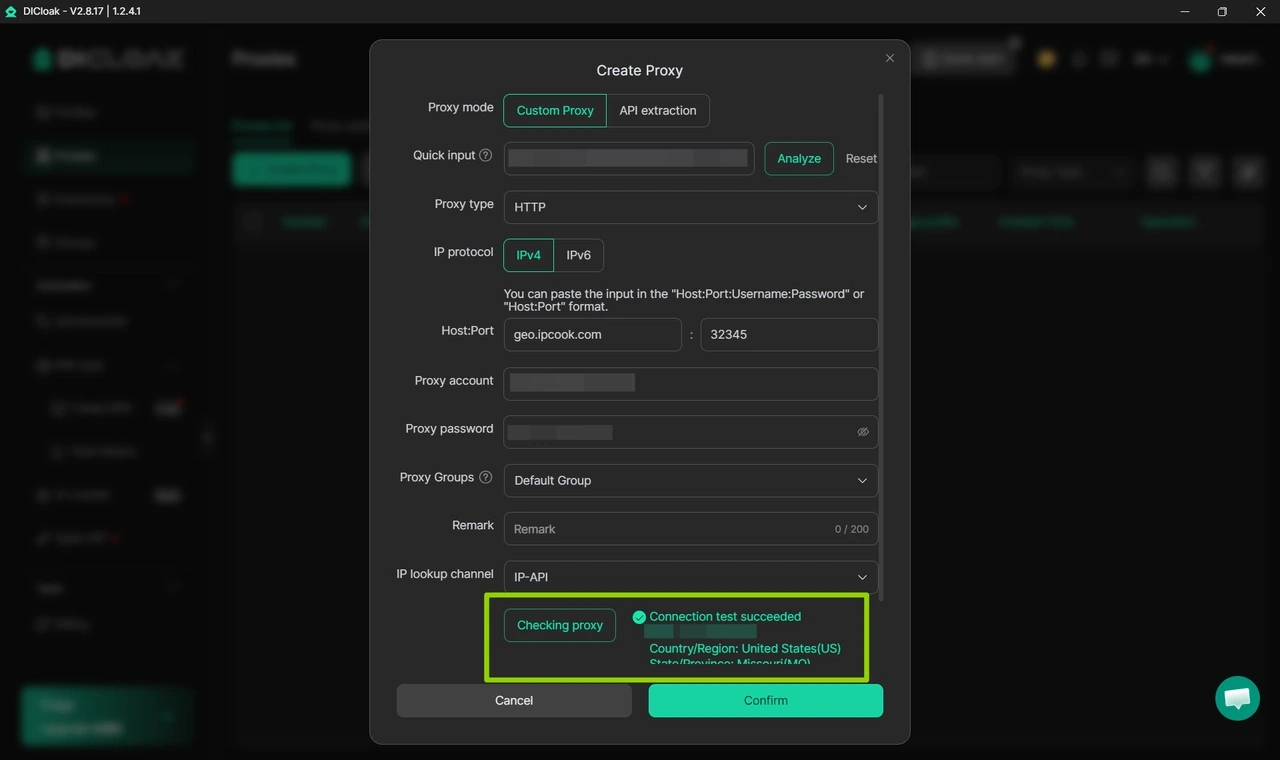 Test Proxy Connection in DICloak