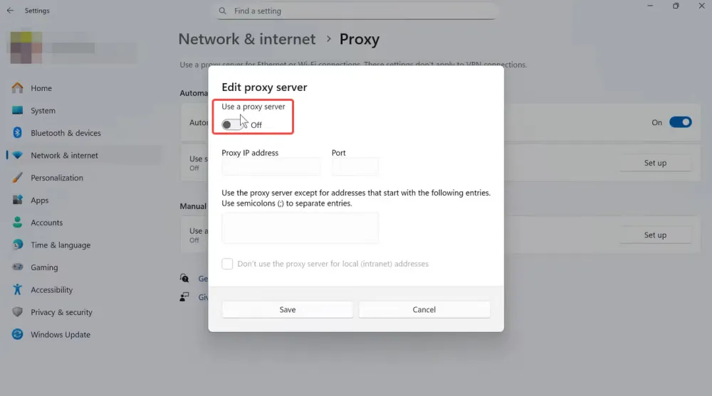 Turn off Use a Proxy Server