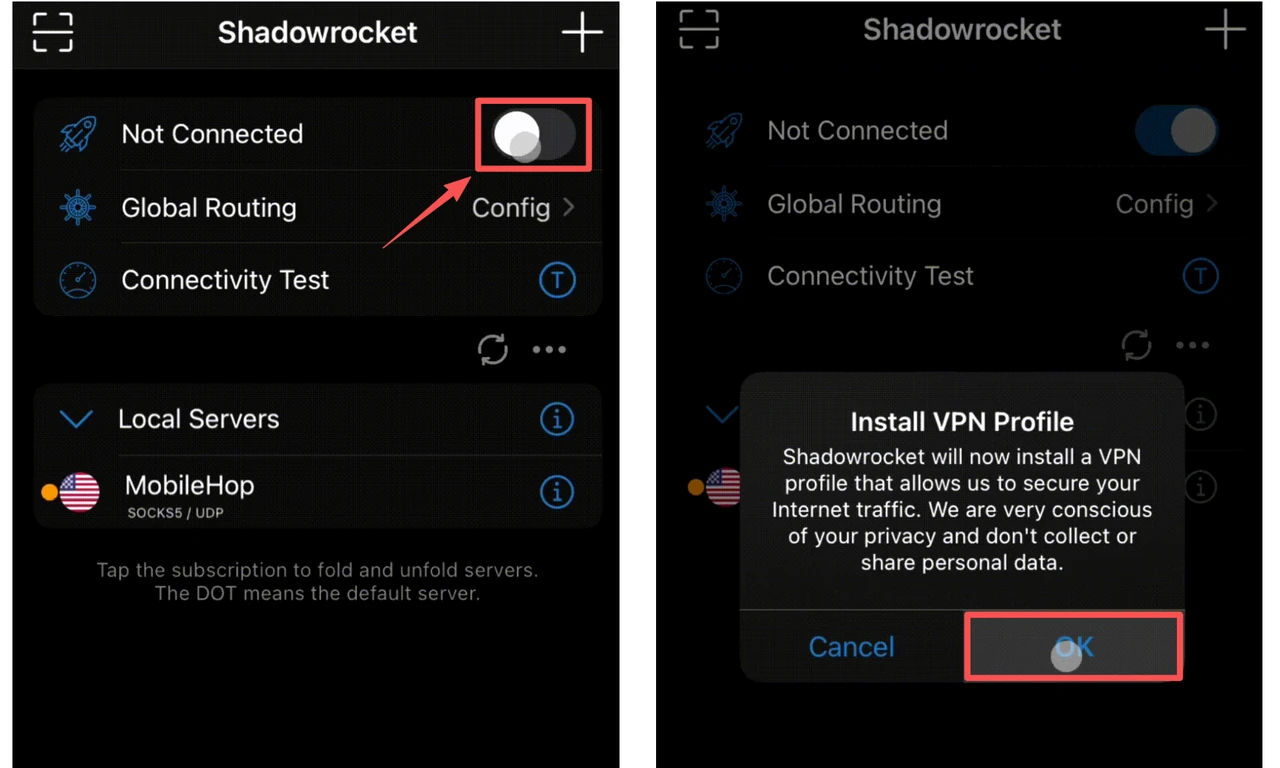Turn on Shadowrocket connection toggle